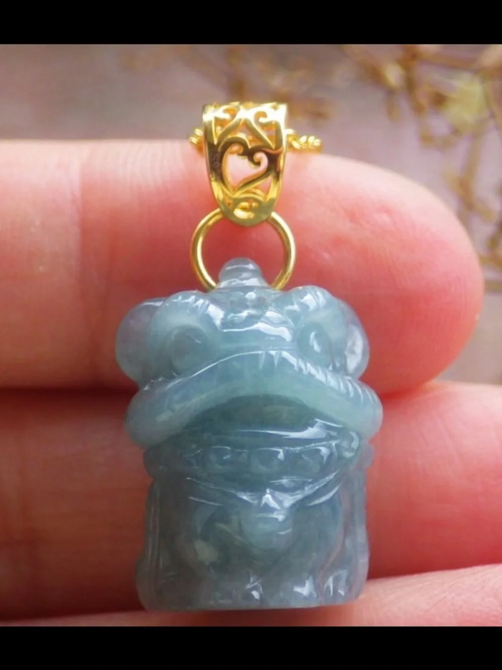 Certificate jadeite Jade Sterling silver 925 light green blue lion dance pendant